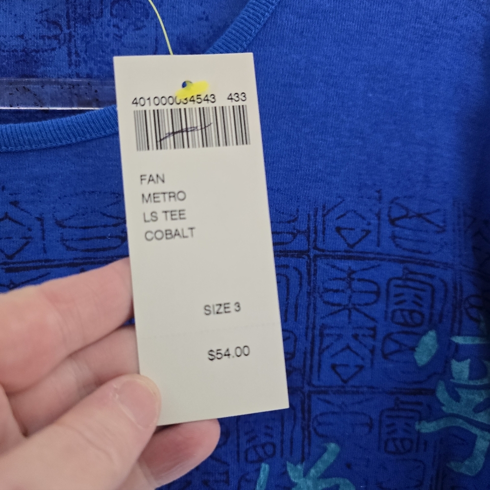 NWT Chicos Designs Blue Asian Pattern L Sleeve Pull Over CottonShirt. Ladies 16. - Picture 4 of 9